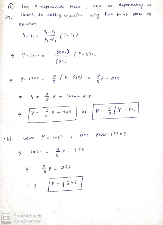 and au let P represents price dependency is linear so supply equation using two point form of (a) > eruation Y-Y, Y₂-4, P₂P,