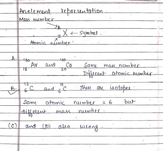 Anelement | Mass number representation 1. Xt symbel . Alomic number : L. Ar und ya.. and 20 Co. Same mass number Different at