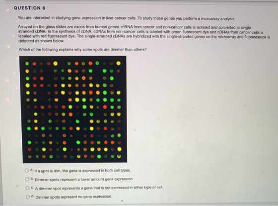 QUESTION 8 You are interested in studying gene expression in liver cancer cells. To study these genes you perform a microarra