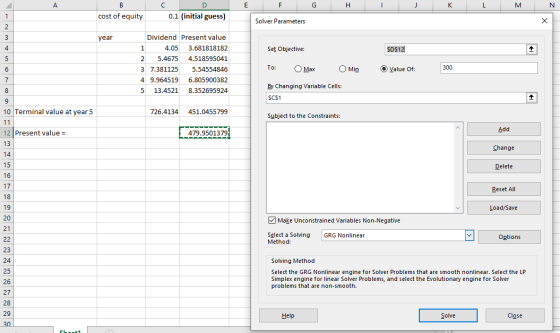 C E F G H I J K L B cost of equity 0.1 (initial guess) Solver Parameters year 1 Set Objective: SDS12 Dividend Present value 4