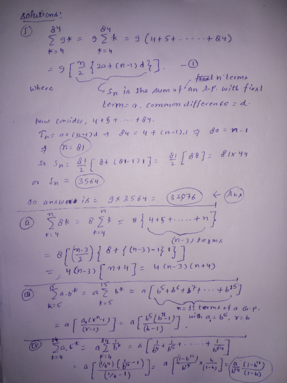 solutions! 6 84 84 Sgt = g{k=9 (4+5+....+84) *= 4 *=u - 9 24+ (m - 1) -0 fat nterma where so is the sum of an A.p. with firs