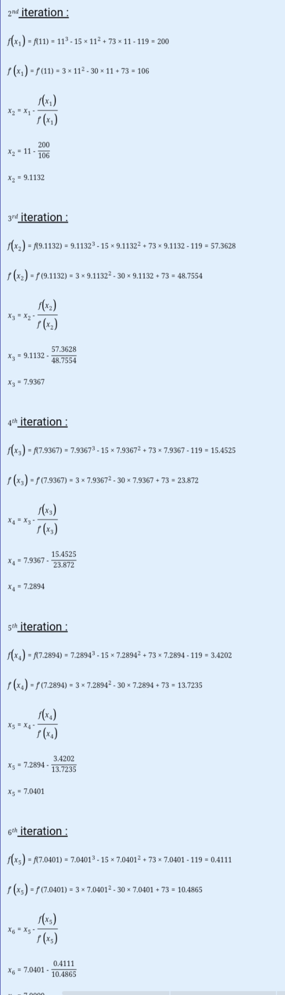 2nd iteration : f(x1) = 1 = f(11) = 113 - 15 x 112 + 73 X 11 - 119 = 200 f (x1) = f (11) = 3 * 112 - 30 x 11 + 73 = 106 f(x1)