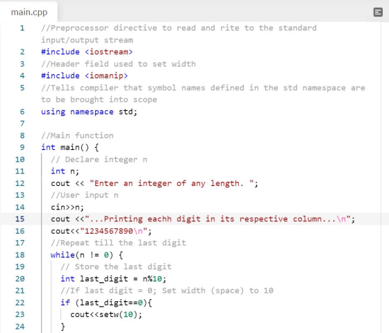 1 7 00 main.cpp 1 //Preprocessor directive to read and rite to the standard input/output stream 2 #include <iostream> 3 // He