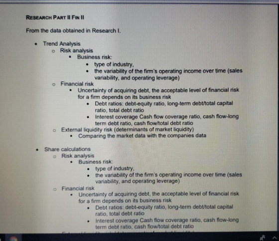 RESEARCH PART II FIN II From the data obtained in Research I. • Trend Analysis o Risk analysis . Business risk: • type of ind