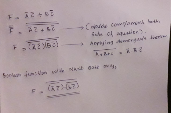 F = Ã c + B Ē ĀĞ + B (double complement both side of equations. Applying demorgans theorm A+B+C - Ā B C FTĀE(BC) Boolean fun