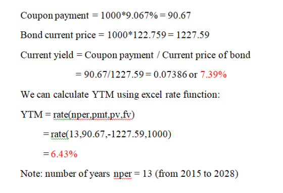 Coupon payment = 1000*9.067% = 90.67 Bond current price = 1000*122.759= 1227.59 Current yield = Coupon payment / Current pric