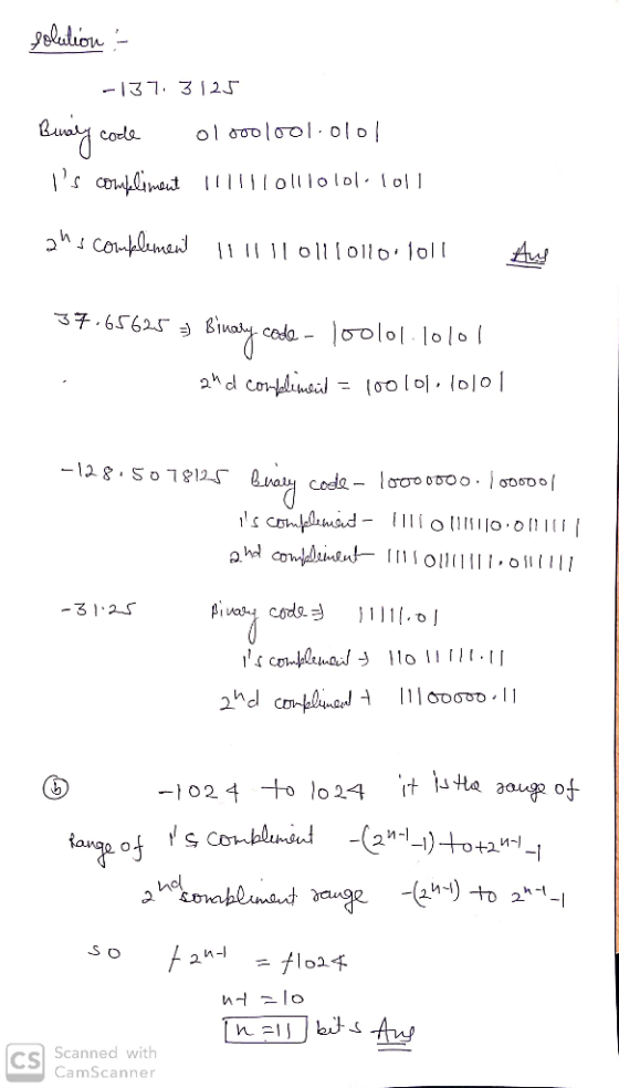 solution - -137. 3125 Berary coole Olo001001.010! is compliment 111!1 loll lolol.1o11. 2us complement 11111101110110.1011 Au