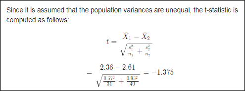 Since it is assumed that the population variances are unequal, the t-statistic is computed as follows: t = I1 - V ni tn 2.36