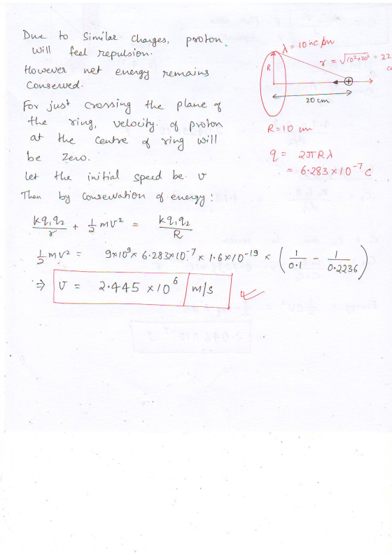 Due to Sila changes, poton = 10nC. Ca Congeed 20 cm Y Just CYoming the plane at He Cenbre in uoill be Zeo et uhial sperd be U