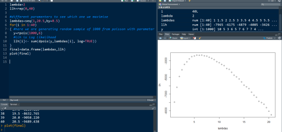 Run 2 Source = H E Import Dataset, = List Source on Save 1 lambda=2 2 llh=rep(0,40) (Global Environment - values 40L lambda l