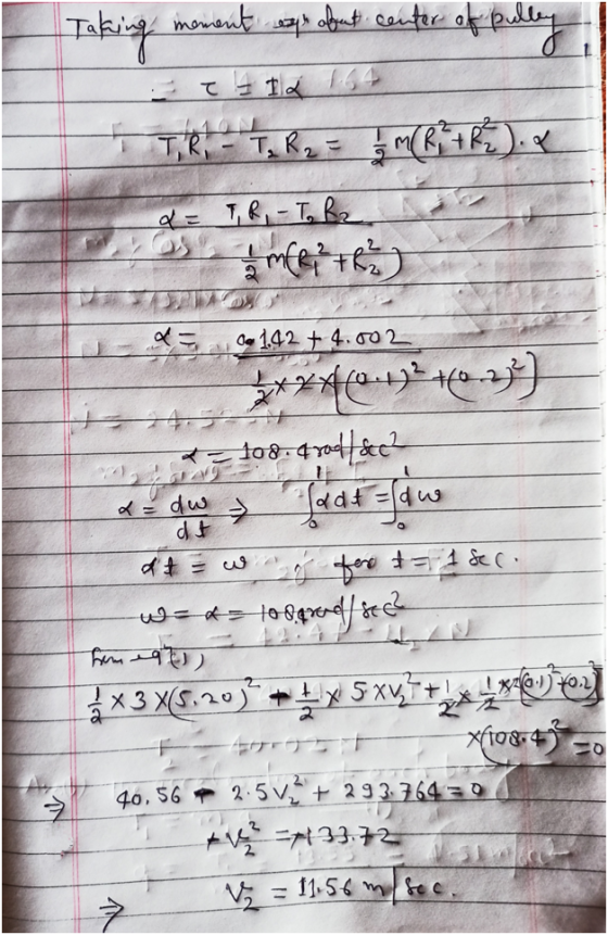 eagh about center of pulley Taking mement T ZIL 164 TT,R - T. R 2 = 1 MCR + 2). a = TR, - To R2 merite Dec 1.92 + 4.002 ****6