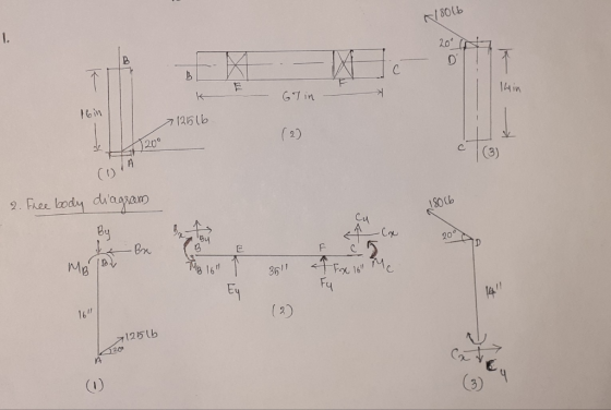 +18016 2010 67 in 16in 712516 200 COTA 2. Free body diagram 180 lb 200 MBTB 3511 THB 16 1 Eu 4 Fx 161 Me Fu (3) 7125lb 201