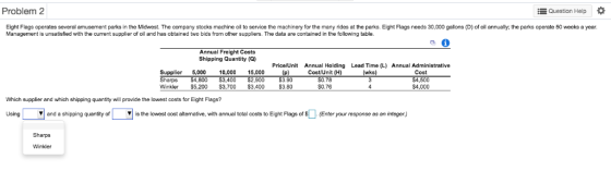 EQuestion Help Problem 2 Eight Flags operates several amusement parks in the Midwest. The company stocks machine oil to servi