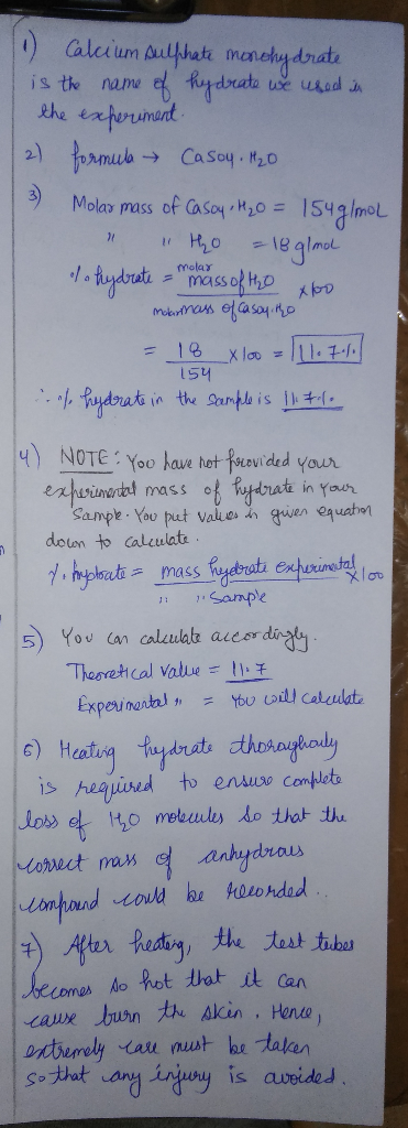 aleium Bulhat manchydras is th name tydrats the eaperument 2formub CaSoy ,0 we used in Molar mass of Casoy M20=15421moL H2018