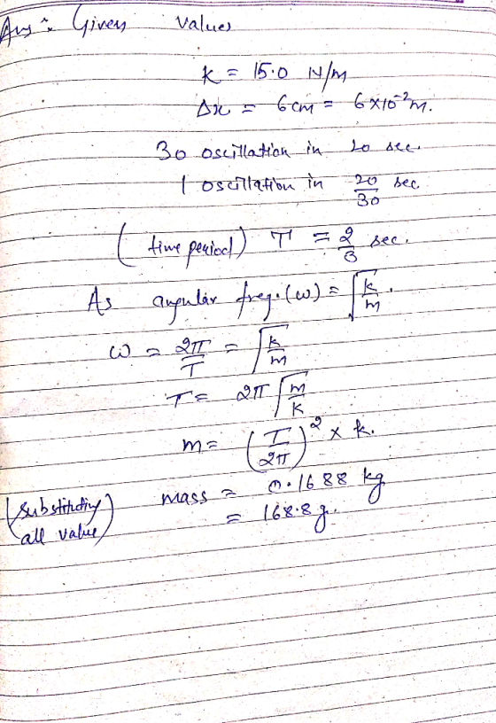 Aus & Given values k = 15.0 N/m Dua 6cm - 6x15m. Bo oscillation in to see Tosultation in 20 sec time period) T = of seci angu