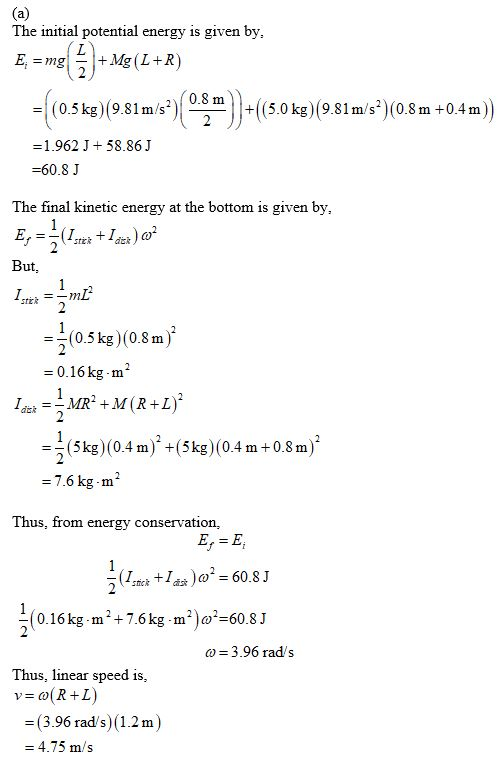 The initial potential energy is given by, E = mg (5) + Me (L+R) =f(0.5 kB)(9.81ms») 0.9)) +(5.0 kg)(9.81 m/s?)(0.8m +0.4 m)