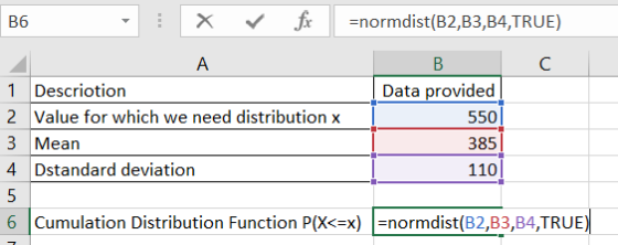 B6 - X V f =normdist(B2,B3,B4,TRUE) А с в Data provided 550 1 Descriotion 2 Value for which we need distribution x 3 Mean 4.