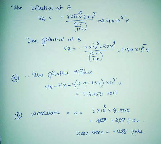 The polectial at NA - 4X10x9x10 2024X10 5 V 100 The pretial at B VB = -6 4x10x9x10 =-1.44X1 4x10v 25 Tov a The porential diff