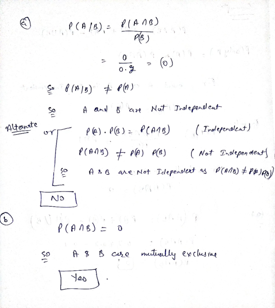 O PCA1B) = P1A 1B) PB) (0) 0.9 so orr A and B are not P (). P(B) = P(A1B) Independent (Independent) Alternate Plann) + p @ PC