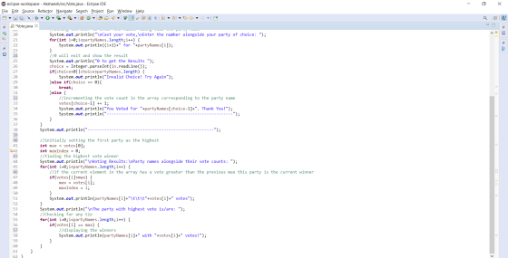 - eclipse-workspace - Akshansh/src/Vote.java - Eclipse IDE Eile Edit Source Refactor Navigate Search Project Run Window Help
