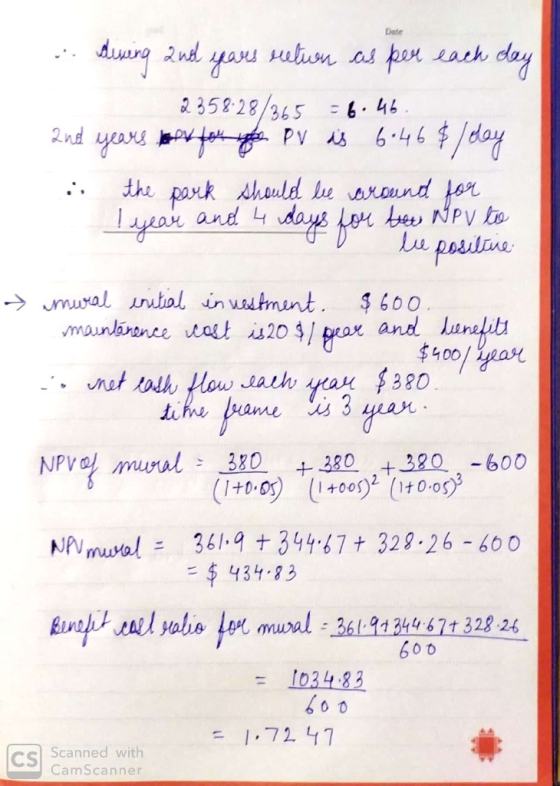 Date day r nd yau ulon as pen Lach 2358.28/365 646 6-4 6$/day 2nd yars ote PV A3 the park hauld l around lor bev NPV Lo Lu po