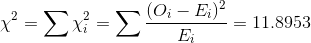\chi^2 = \sum \chi^2_i = \sum \frac{(O_i- E_i)^2}{E_i} = 11.8953