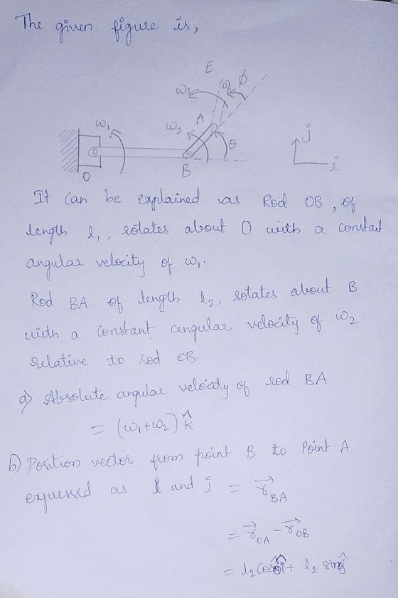 The given figure is, B It can be explained as Rod OB, of length e,, rotates about 0 with a constant angular velocity of wi. R