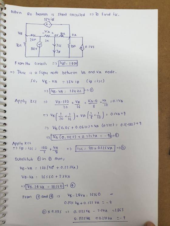 luben short circuited -) To Find isc. Ro branch is 16416 V8 + M M or in VA 200 212 lor VISC {lon 180 V 0.1VS VIO From the cir