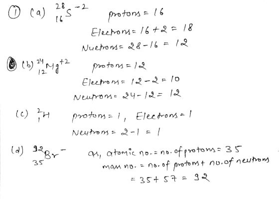o cal masz protons = 16 Elechons= 16+2 = 18 Nuetrons = 28-16 =12 (b) 24 M3+2 postons = la Electrons = 12cd=10 Neutrons = 24-1