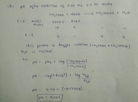 (b) pH after addition of 8.00 mL o.5 M NaOH CH₃COONa + H2O t=0 milli moles CH₃COOH + NaOH 2oxois 8x0.5 104 t=t 6 - solution (