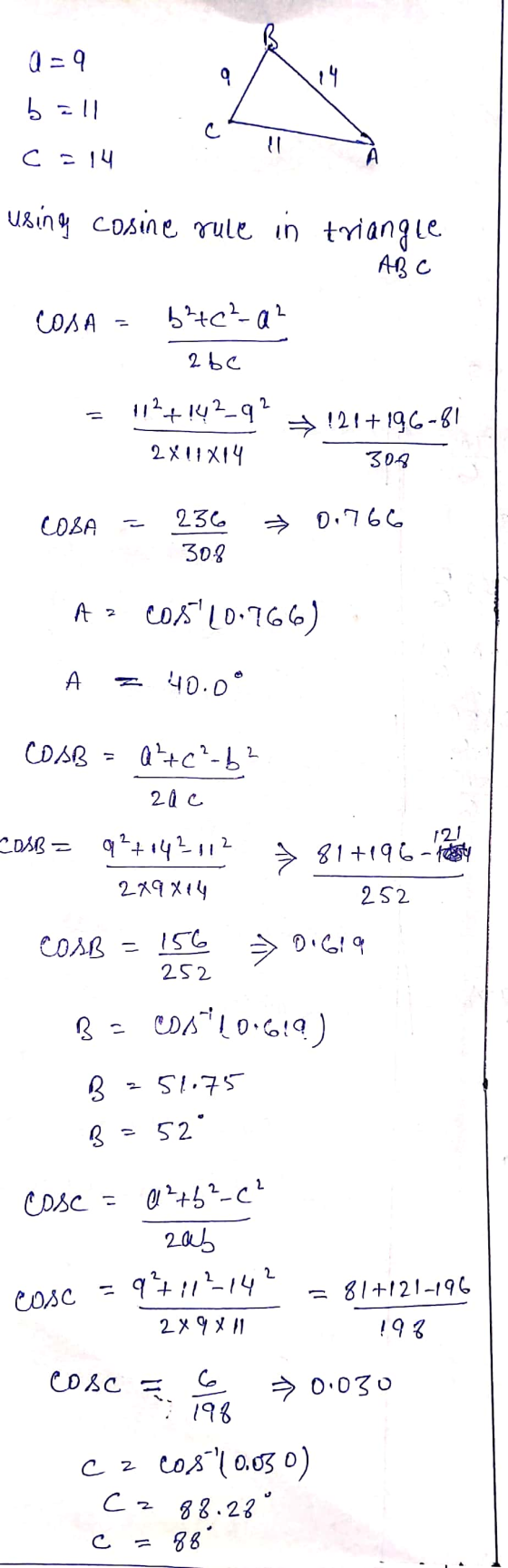1 - 9 9 19 5 - 1 | | C - 19 using cosine rule in triangle Не с СОЛА Б-c-a- 2bc. 11+12-q. 5121+ 19-KI 304 2XIНХІЧ Сода 23. 40.