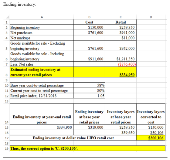 Ending inventory: Cost $150,000 $761,600 Retail $259,350 $941,000 $11,000 $761,600 $952,000 2 Beginning inventory 3 Net purch