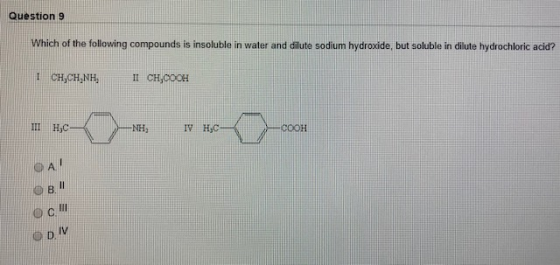 Question 9 Which of the following compounds is insoluble in water and dilute sodium hydroxide, but soluble in dilute hydrochl