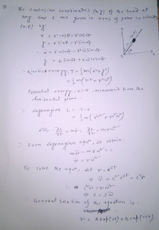 The cartes iam enoxin hes (n,) the sea at time t are ivm terms of polar Lo-0in (,8) =rsingrsSinup Ya MYSt- in 2 Kinehicten Tm