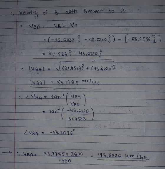 of B Velocity of with A respect to VBA NB - VA = (-36 6032 î - 43.6220 ſ) - [-68.0556 il 314523 î - 43.6220 20 .. (VBA) = √ C