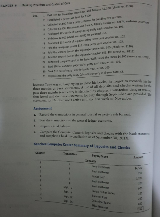 HAPTER 6 Banking Procedure and Control of Cash 1 Paid rent for November, December, and January, $1,200 (check no. 8108). 2 Es