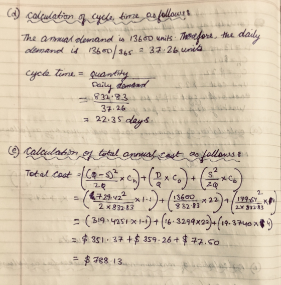 (a) calculation of cycle time as followse The anual demand is 13600 units. Therefore, the , daily demand is 13600/365 2 37:26