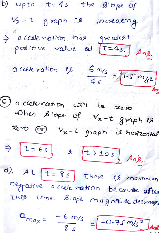 greatest Ang. 6 m/s 11.5 5 m/s2 4 s An e maximum b) upto t=45 the slope of Vx-t graph is creasin acceleration bas t=4s. posit