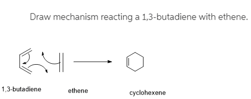 Draw mechanism reacting a 1,3-butadiene with ethene. 84—0 1,3-butadiene ethene cyclohexene