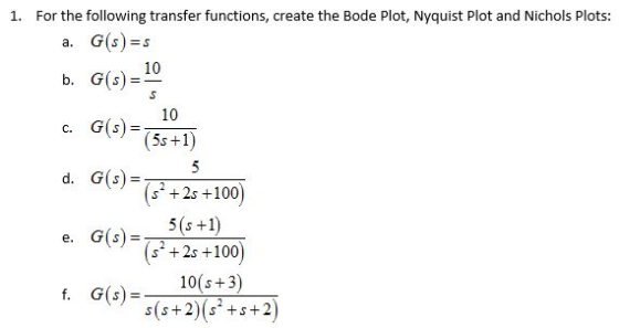 1. For the following transfer functions, create the Bode Plot, Nyquist Plot and Nichols Plots: a. G(s) s b. G(s) c. G(s)-(5-可