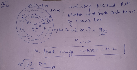 Sol 27.60C-8.2ne = 19.4 ne conducting spherical shell. Electric field inside conductor=0. By -27.6nc Gausss law. 27.6 nc PR