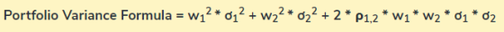 Portfolio Variance Formula = w12* d12 + w22 * d22 2 * P1,2 * W1*w2 * di * d2