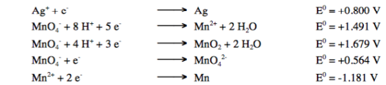 E°+0.800 V E0 = +1.491 V E +1.679 V Eo +0.564 V Eo -1.181 V --> Mn2+ + 2 H2O Mno4H+3e MnO, +e Mn2* +2 e -> MnO, + 2 H2O 2- MnO4