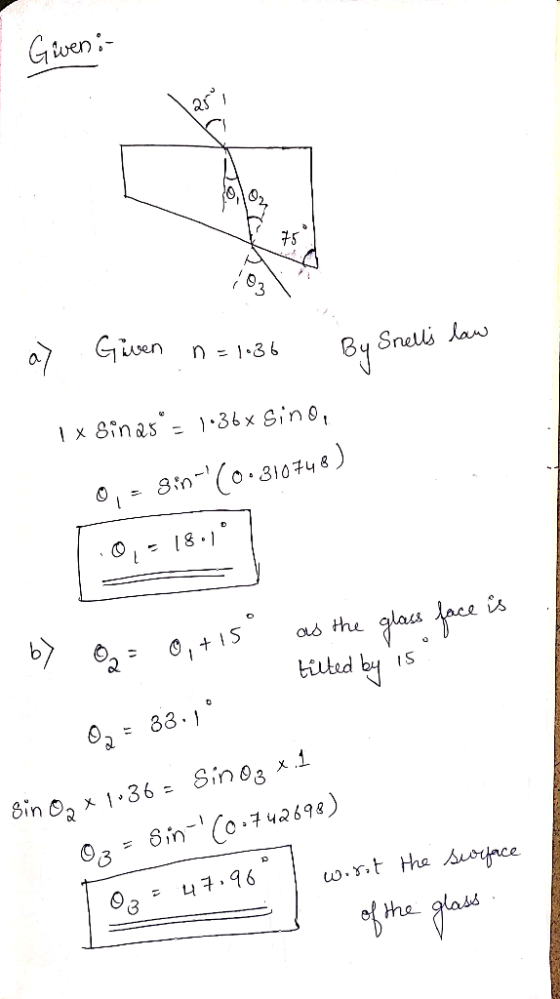 Giveno- ay Given n = 1036 By Snells law 1 x Sinas = 1.36x sino, 0,- 9in-(0.310748) 110,- 18.10 by O2 = 0, +15° as the glass f