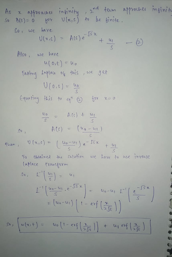 infinito As x approaches So Brs) = 0 for So, we have infinity , and tum approches uln,s) to be finite. -JSX U(X,s) - Alsle +