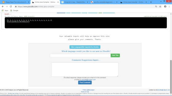 C Please Read The InstructionsB Online Jawa Compiler-Online. ArrayList in Java-GeeksforGee HL Online Java Compiler-Online × J