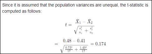Since it is assumed that the population variances are unequal, the t-statistic is computed as follows: t= X X 0.48 -0.41 0.75