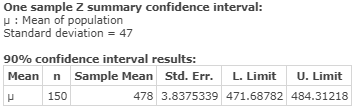 One sample Z summary confidence interval: : Mean of population Standard deviation 47 90% confidence interval results: Mean n