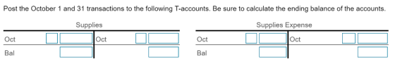 Post the October 1 and 31 transactions to the following T-accounts. Be sure to calculate the ending balance of the accounts. Supplies Expense Supplies Oct Oct Oct Oct Bal Bal