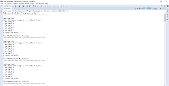- eclipse-workspace - Akshansh/src/Vote.java - Eclipse IDE File Edit Source Refactor Navigate Search Project Run Window Help